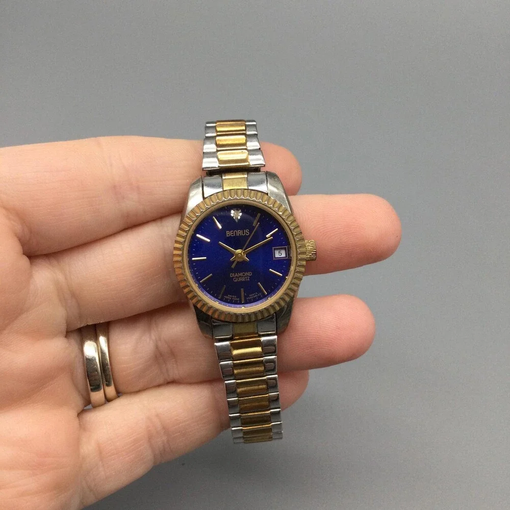 Benrus Womens Watch 24mm Blue Dial Two Tone Diamond Date Stretch New Battery